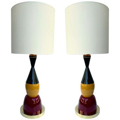 Contemporary Pair of Brass Murano Glass and Lacquered Metal Cone Lamps, Italy