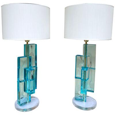 Contemporary Pair of Lamps Blue Lagoon Cubic Murano Glass and Brass. Italy