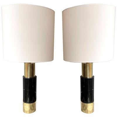 Contemporary Pair of Brass Lamps Black Marble, Italy
