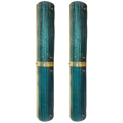 Contemporary Pair of Brass and Blue Peacock Murano Glass Sconces. Italy