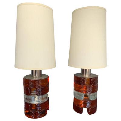 Pair of Pressed Glass and metal Lamps by Biancardi. Italy, 1970s