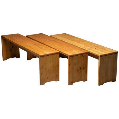 3 benches in solid pine, Charlotte Perriand for 'Les Arcs' Ski Resort, 1960s