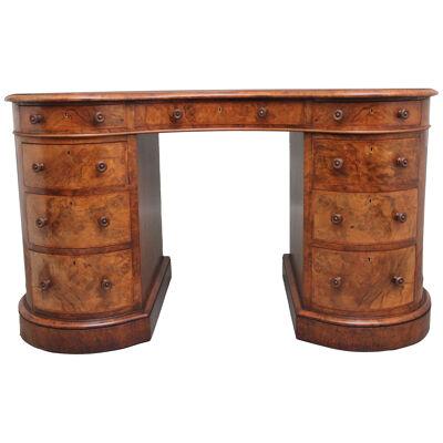 19th Century burr walnut pedestal kidney shaped desk