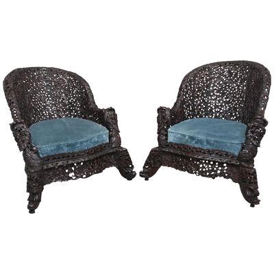 Pair 19th Century Anglo-Indian carved chairs
