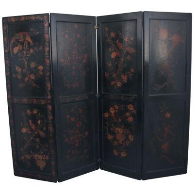 19th Century chinoiserie and black lacquered four panel screen
