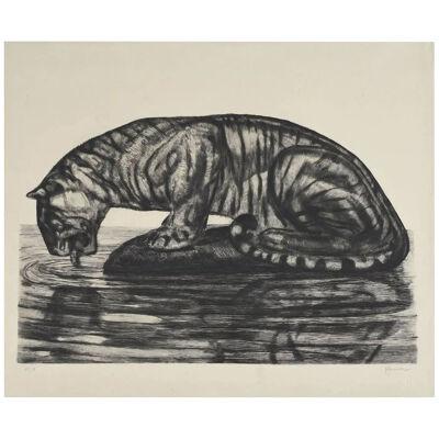 Drinking Tiger, Original Etching by Paul Jouve, circa 1930