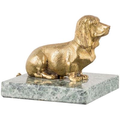 Nana brass basset with green marble base paperweight