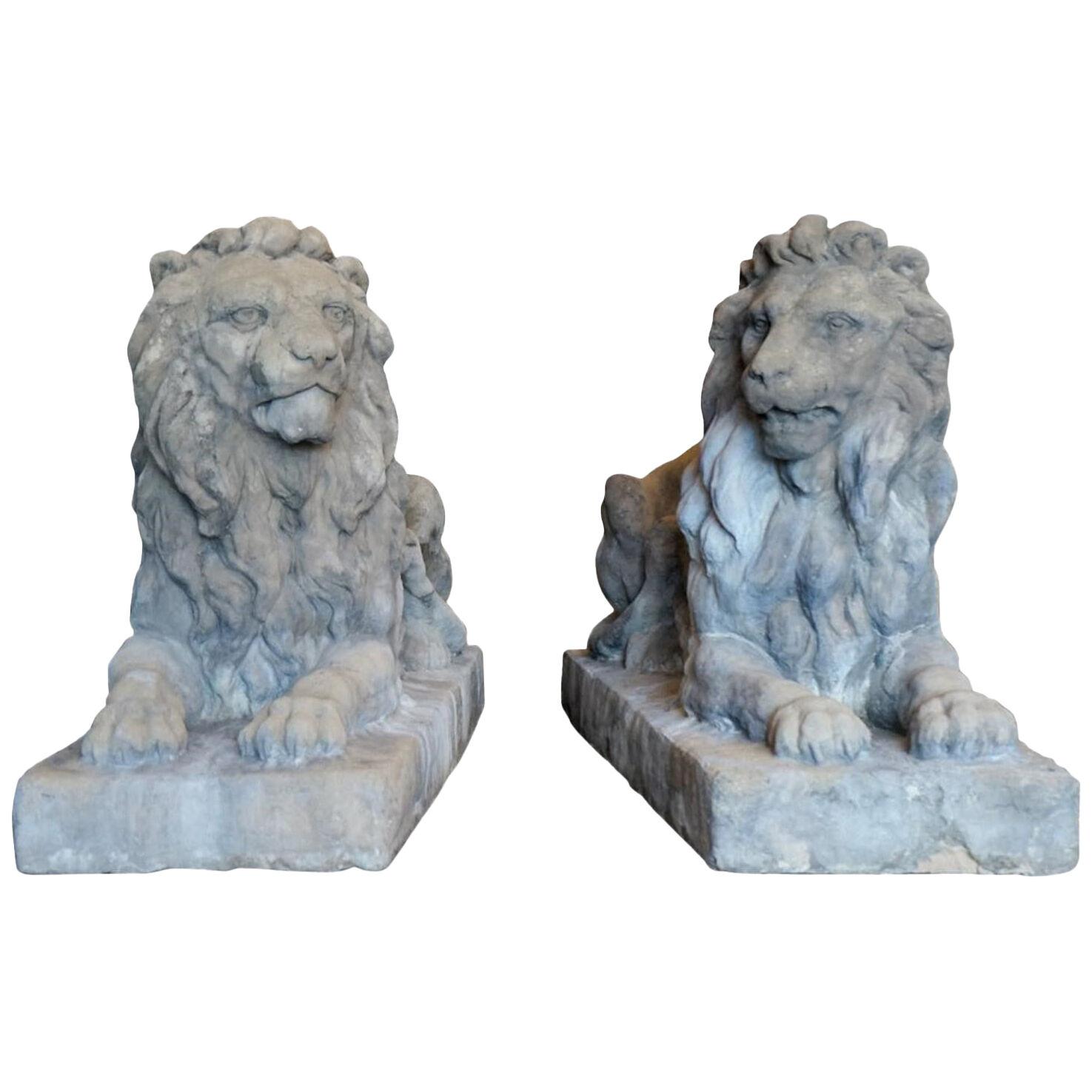 18th Century Limestone Lions - A Pair