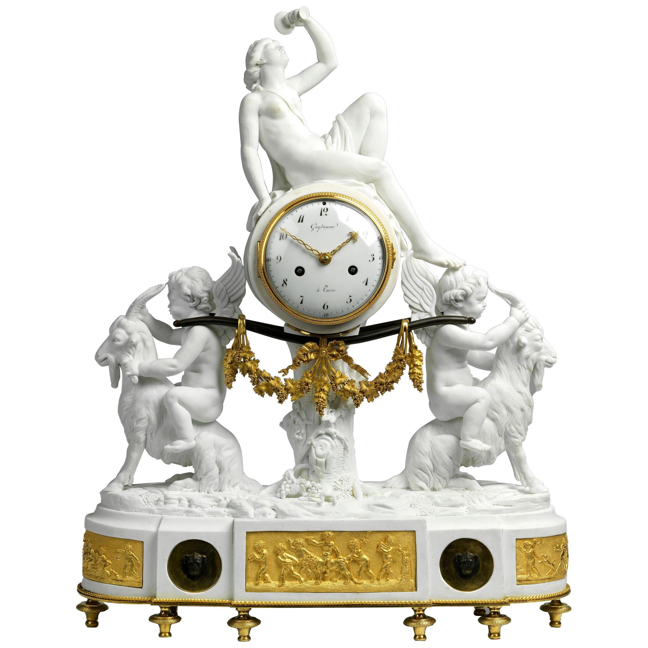 A Louis XVI Ormolu and Biscuit Porcelaine Mantel Clock by Guydamour