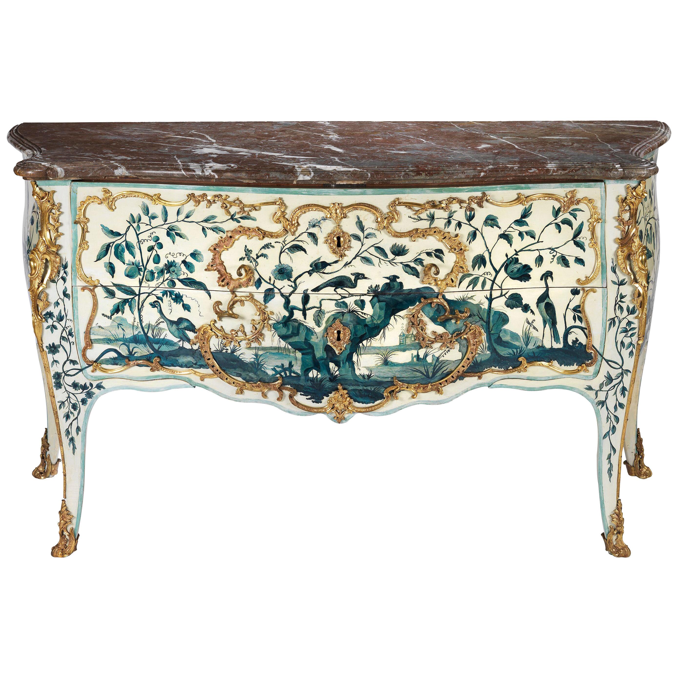 A Highly Important pair of Blue and White Lacquer Commodes by Chevalier