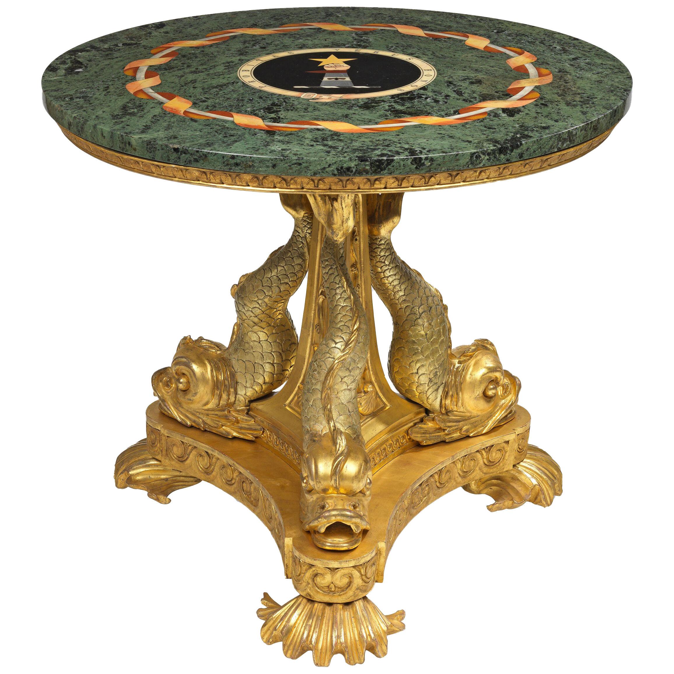 A Regency Giltwood and Pietre Dure Centre Table Inlaid with the Hansard Crest