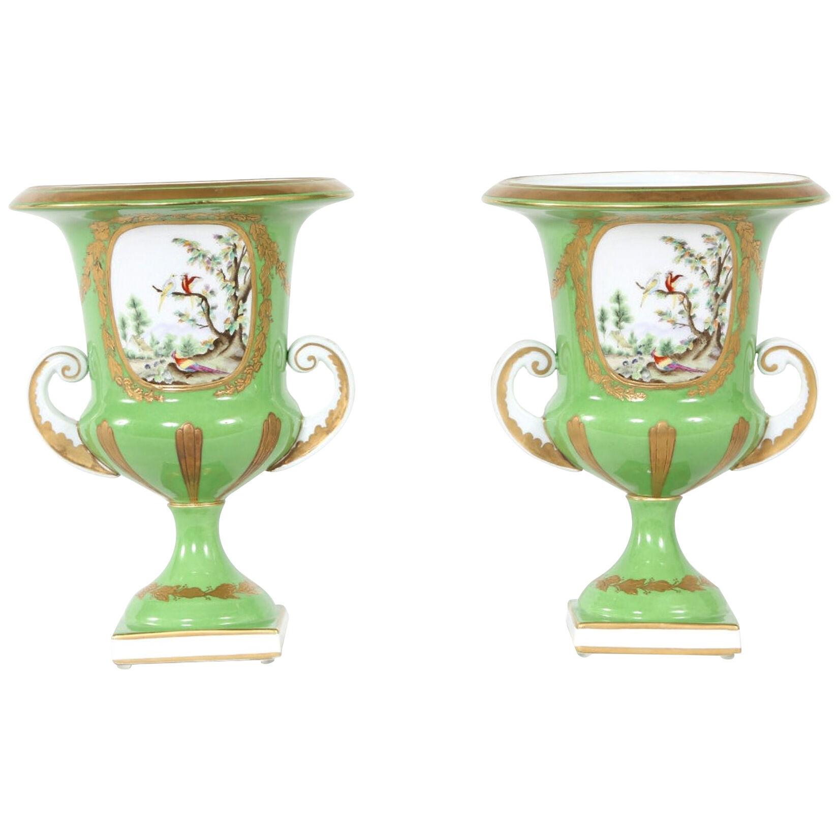 Pair of English Porcelain Floral Decorative Vases / Urns