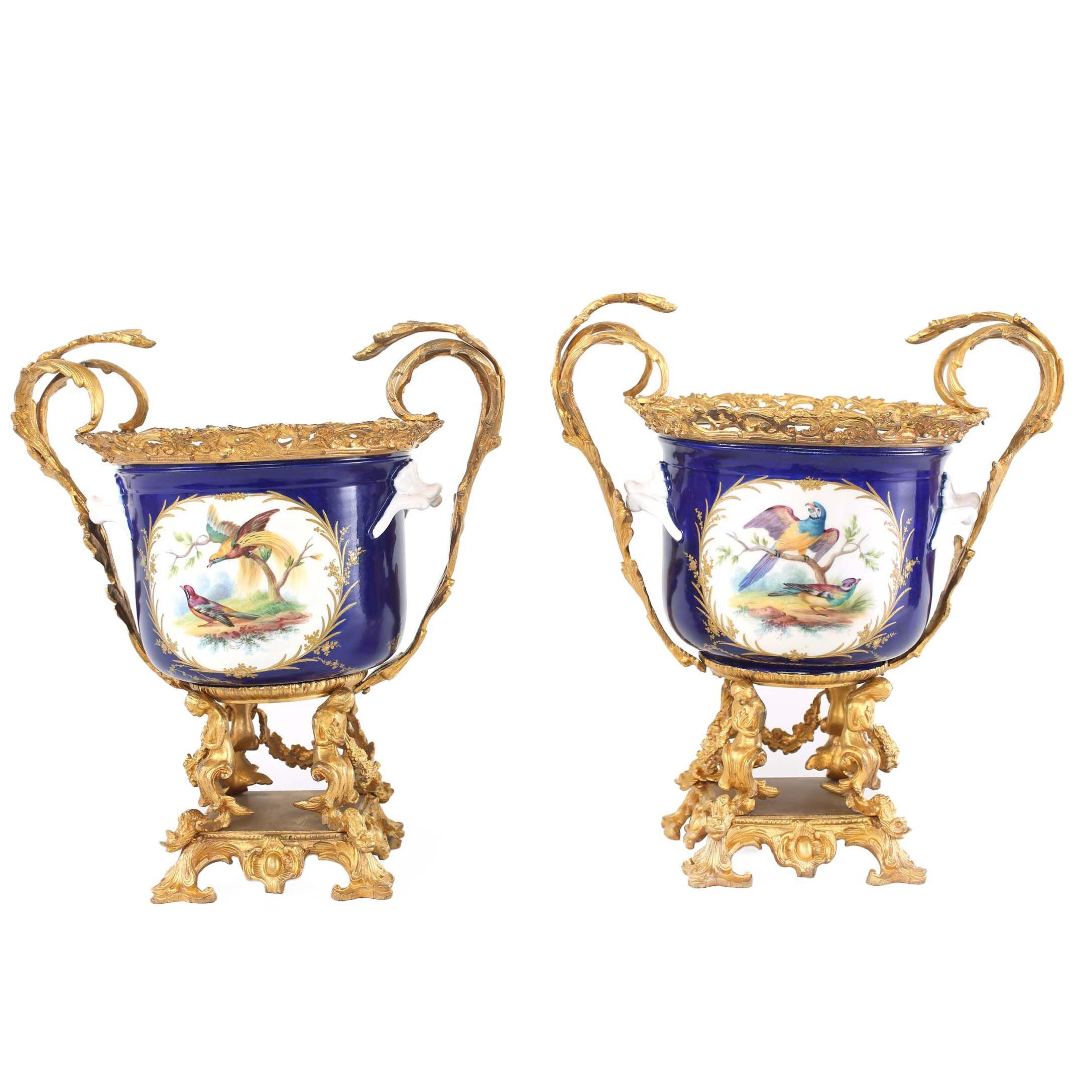 French Pair Gilt Bronze Mounted / Porcelain Urns