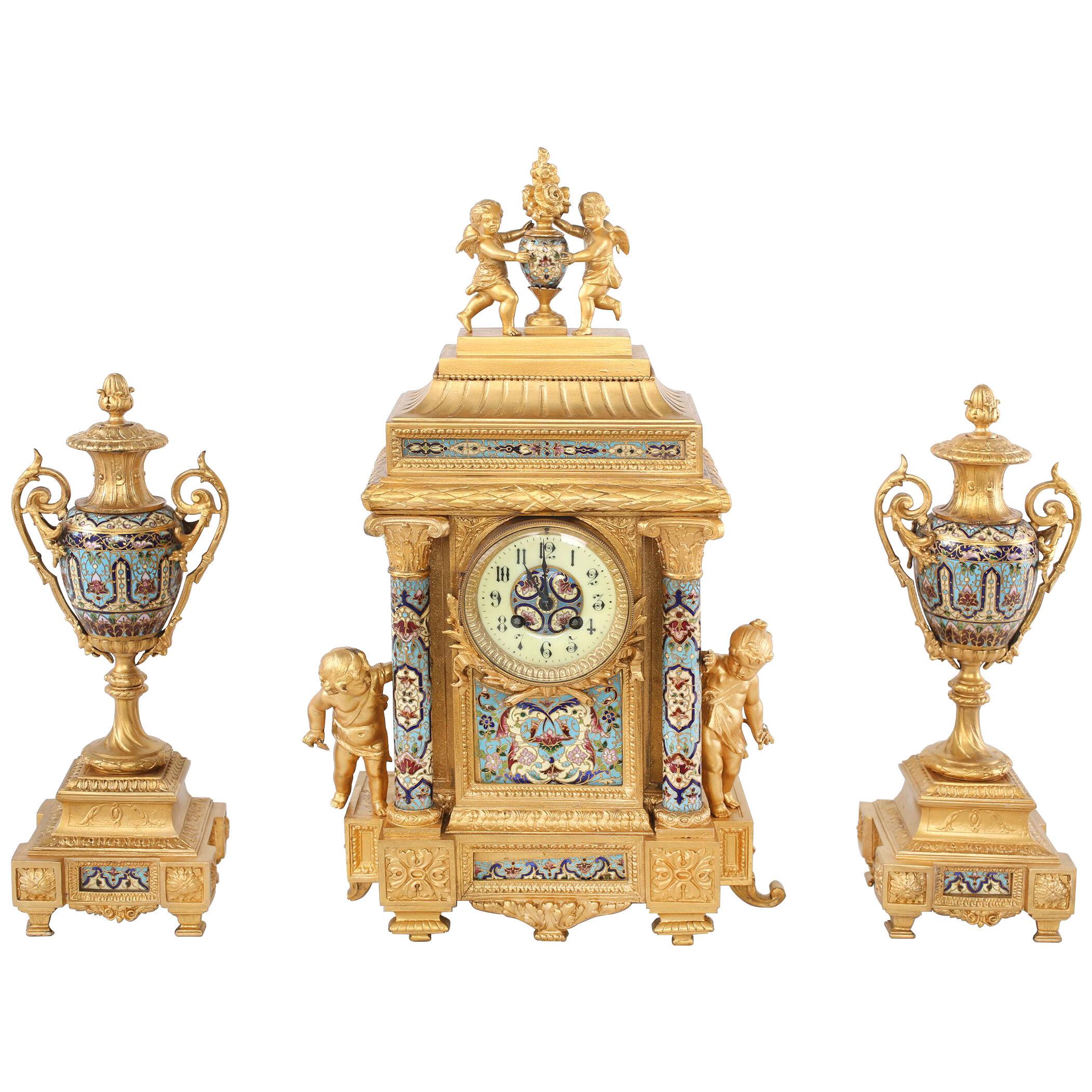French Dore Bronze Mounted / Champleve Garniture Set
