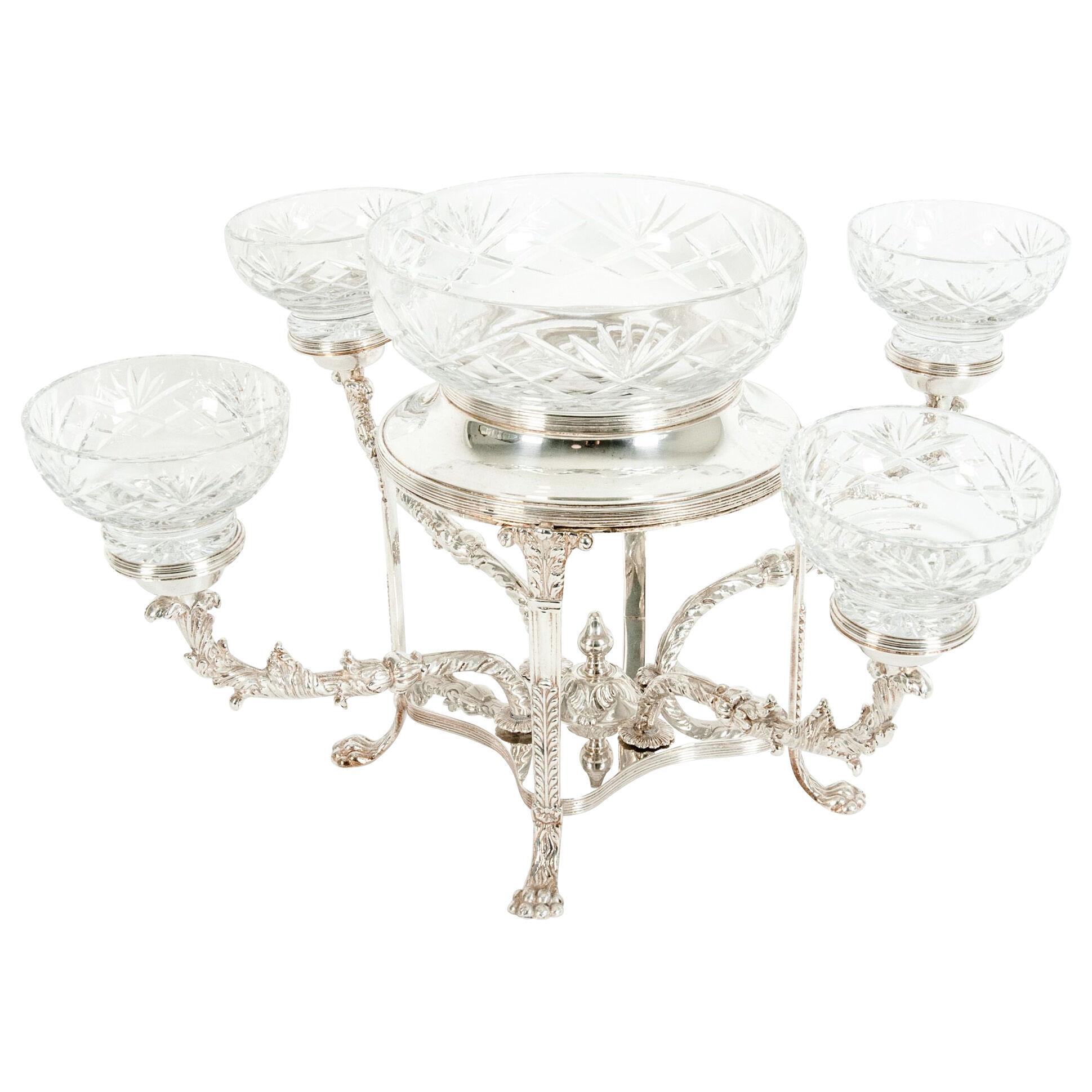 English Silver Plated / Cut Crystal Four Arm Centerpiece