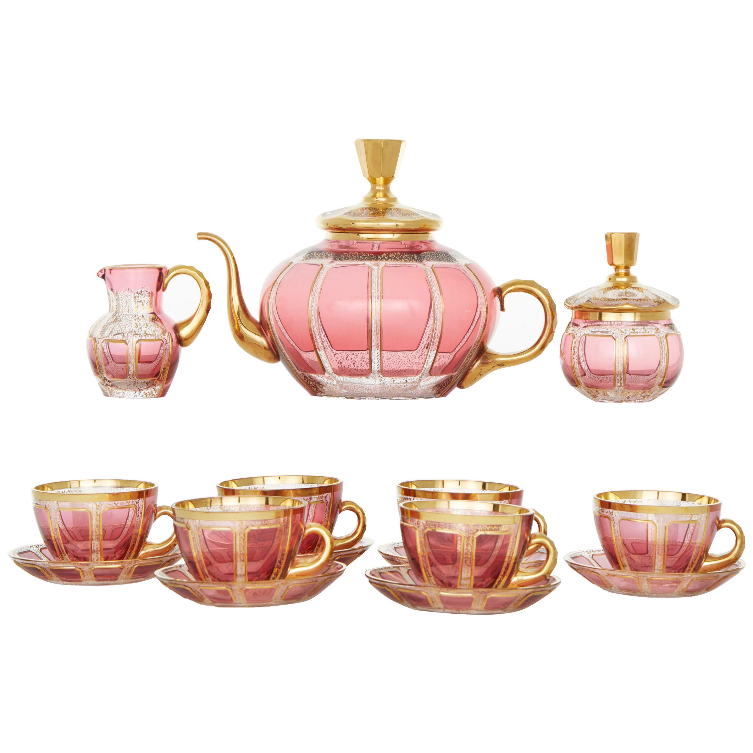 Moser Pink Paneled / Gilt Glass Tea / Coffee Servi