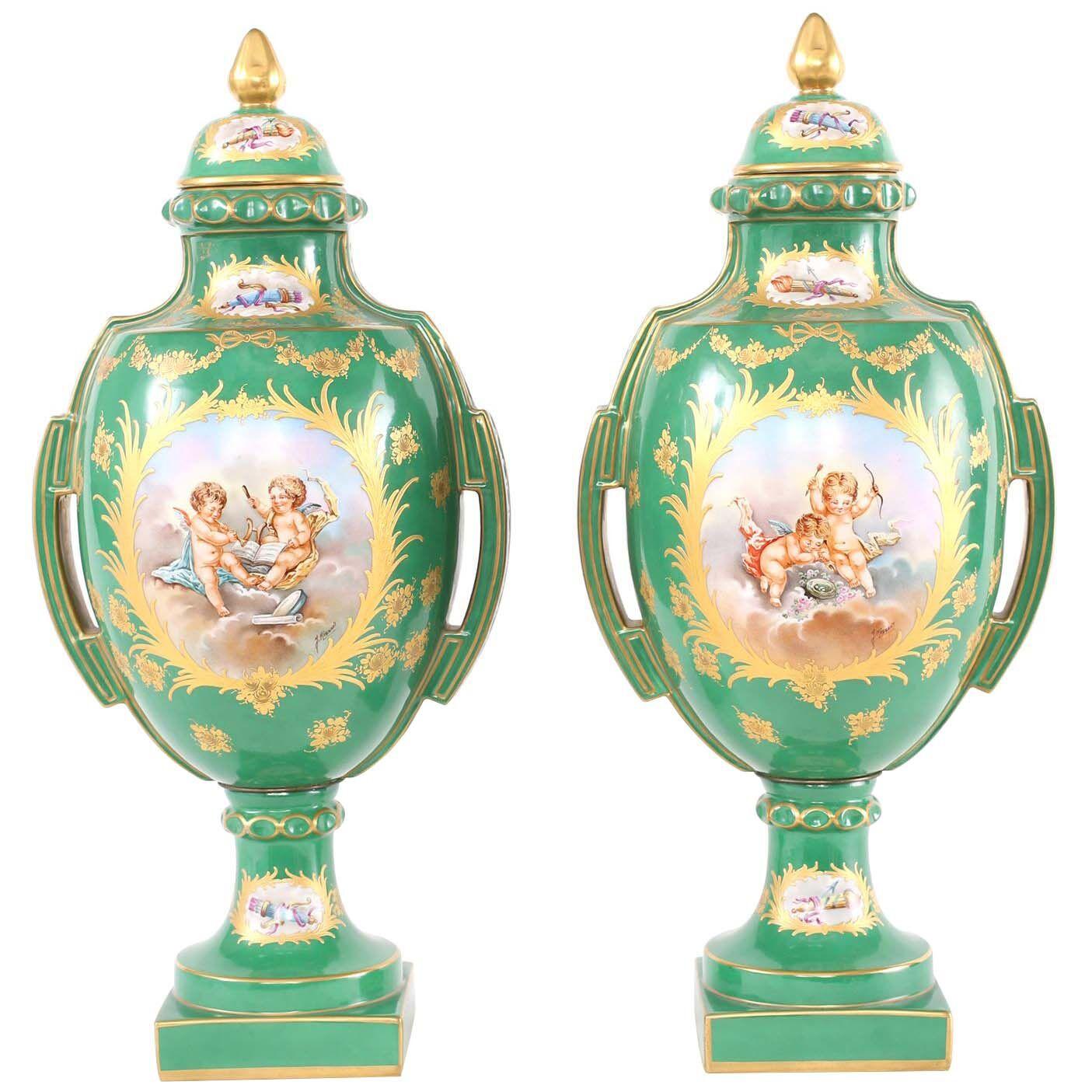 Pair Decorative Gilt Porcelain Dresden Covered Urns