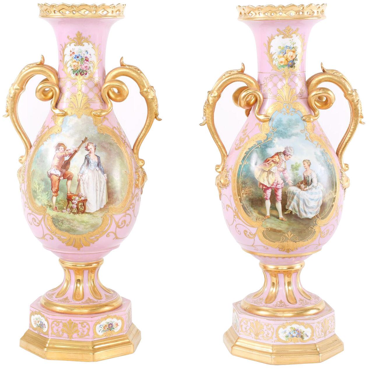 19th Century Pair Gilt Porcelain Decorative Urns / Vases