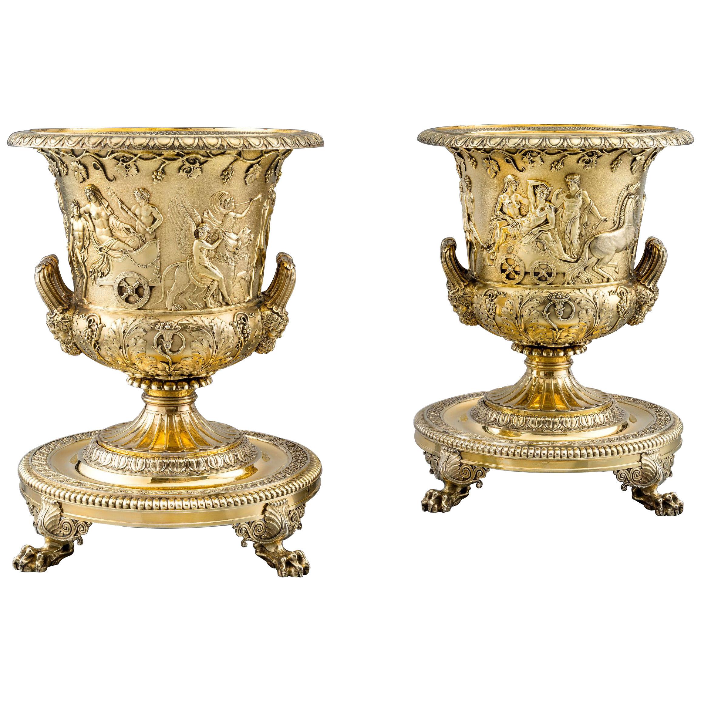 A Highly Important Pair of Silver-Gilt Wine Coolers & Stands