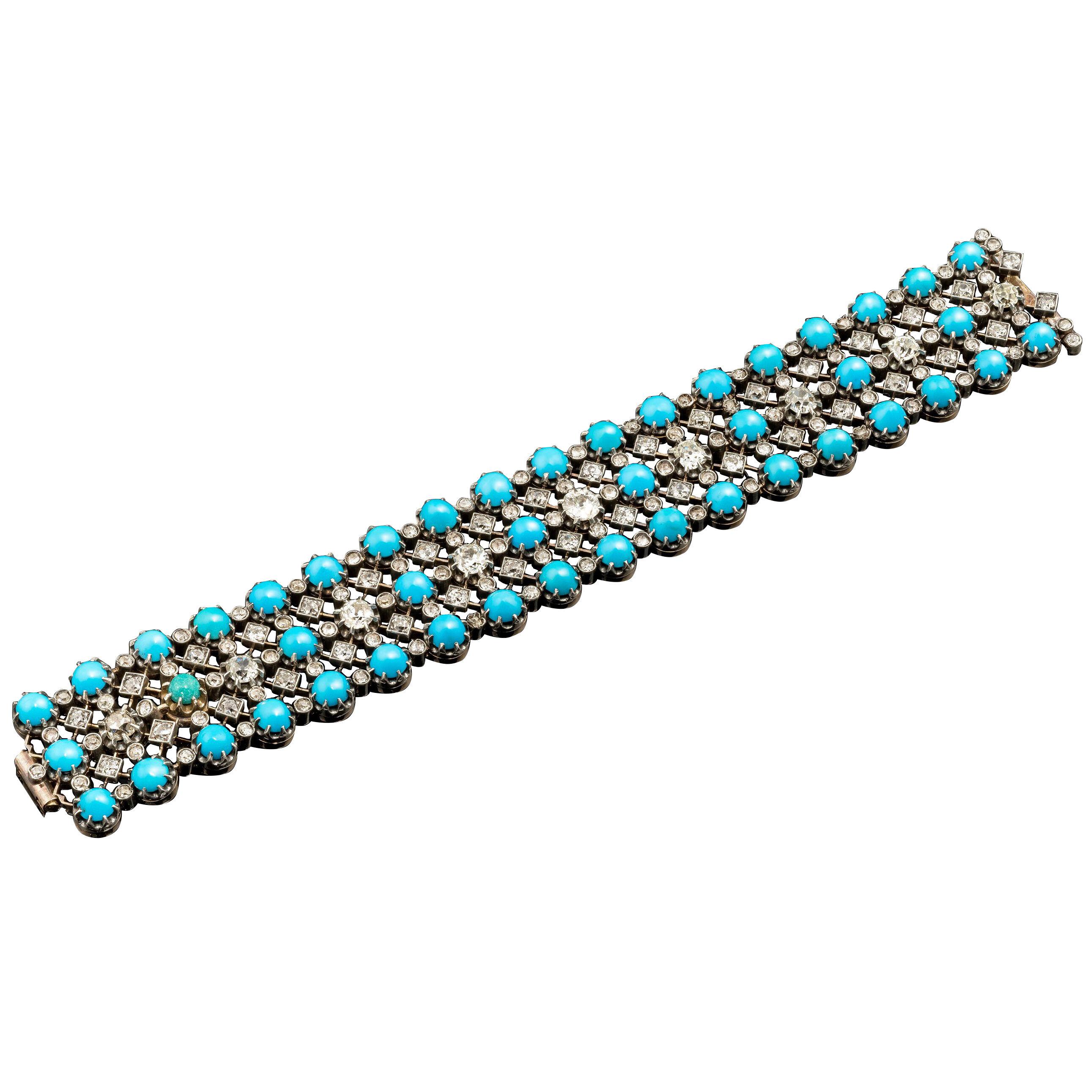 A 19th century turquoise and diamond strap bracelet