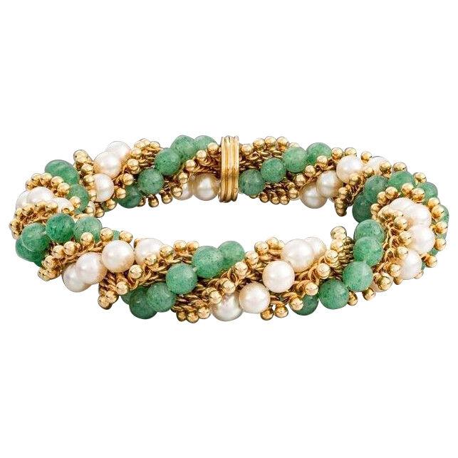 Aventurine quartz and cultured pearl bracelet, ‘Twist’