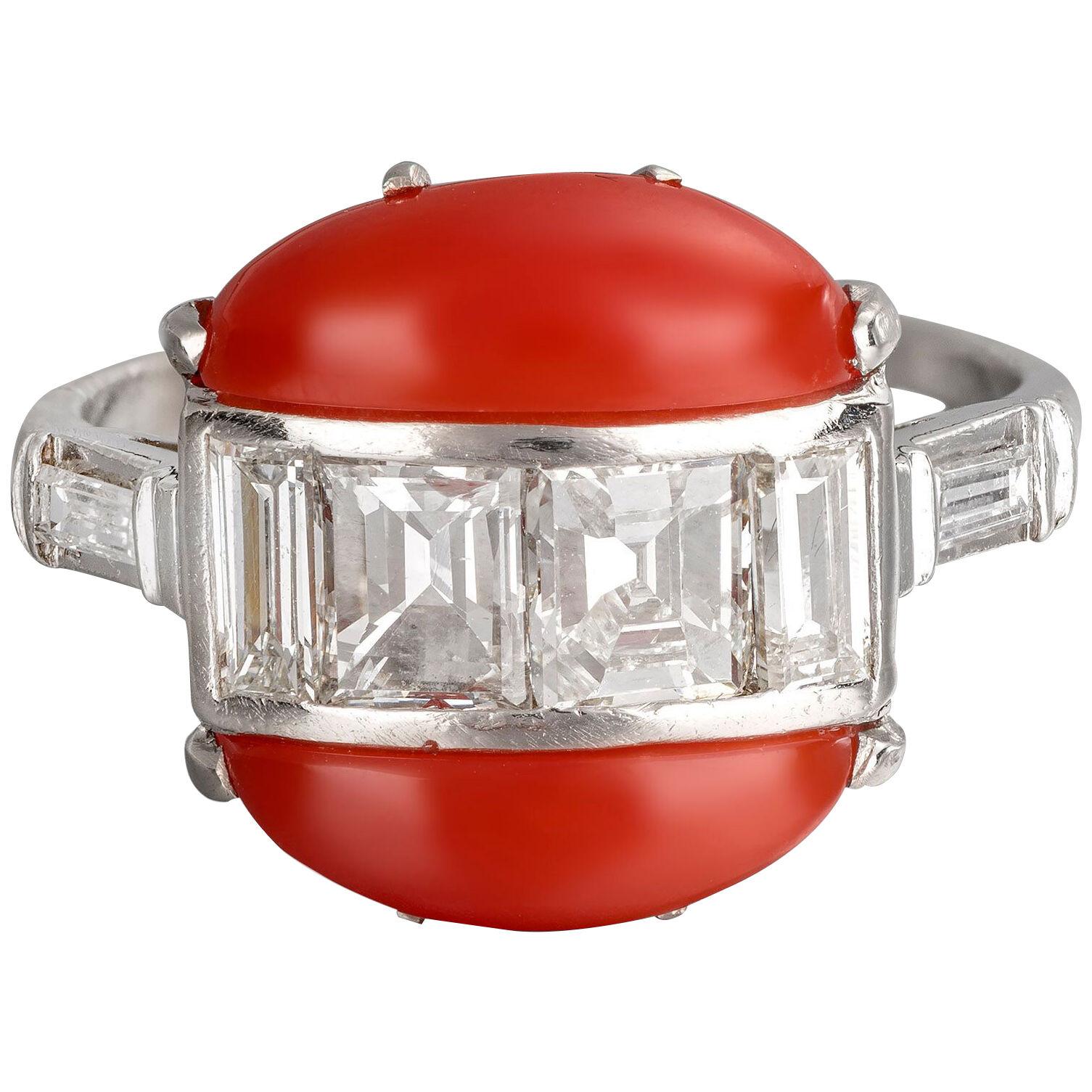 An Art Deco Coral and Diamond Ring