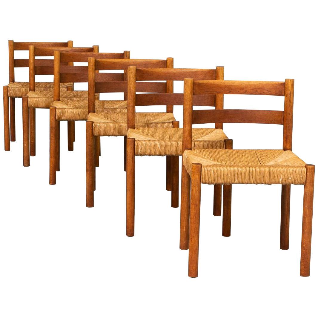 70s low back oak and wicker dining chair set/6