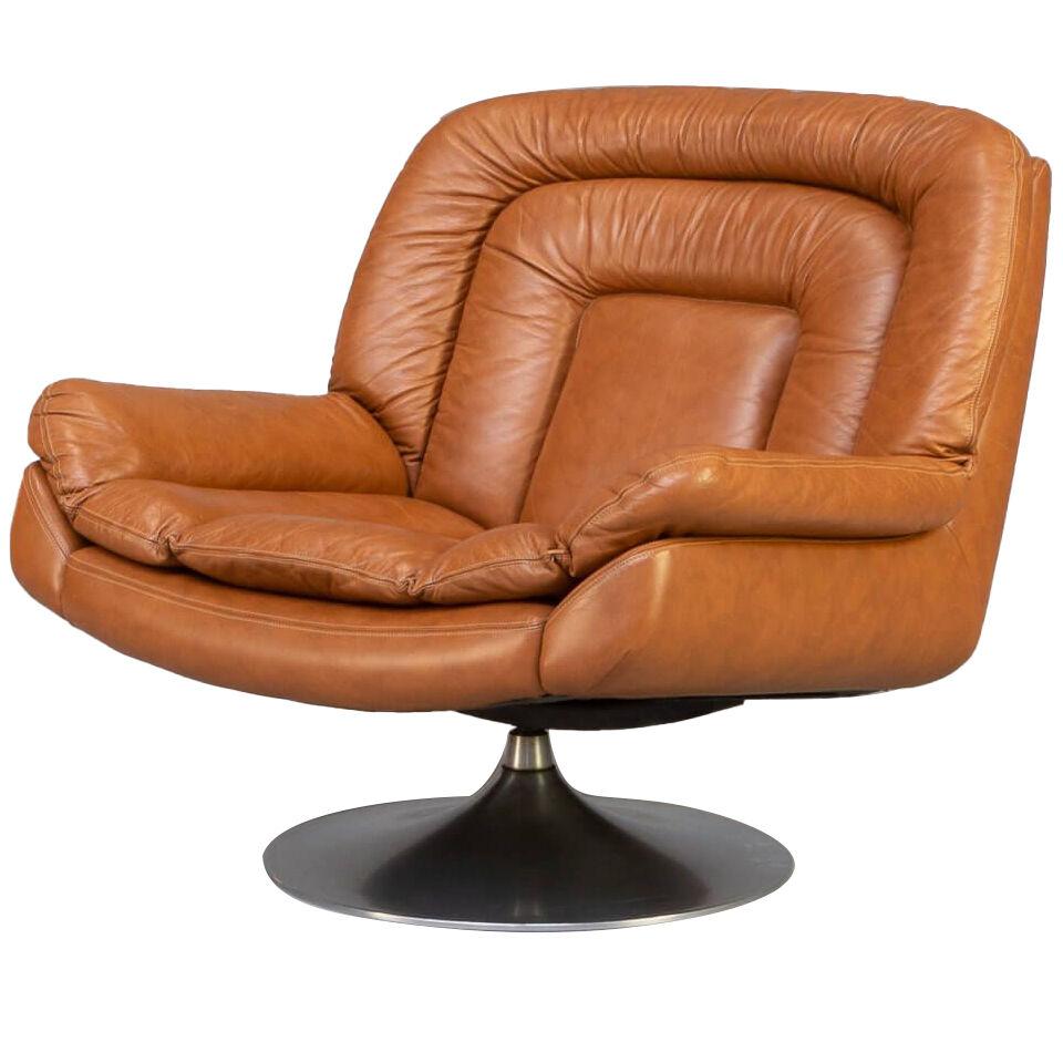 70s luxury cognac leather swivel fauteuil