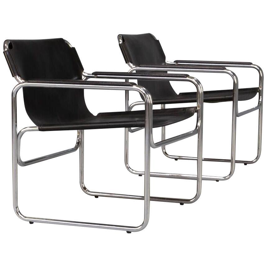 80s tubular steel Bauhaus lounge fauteuil with saddle leather set/2