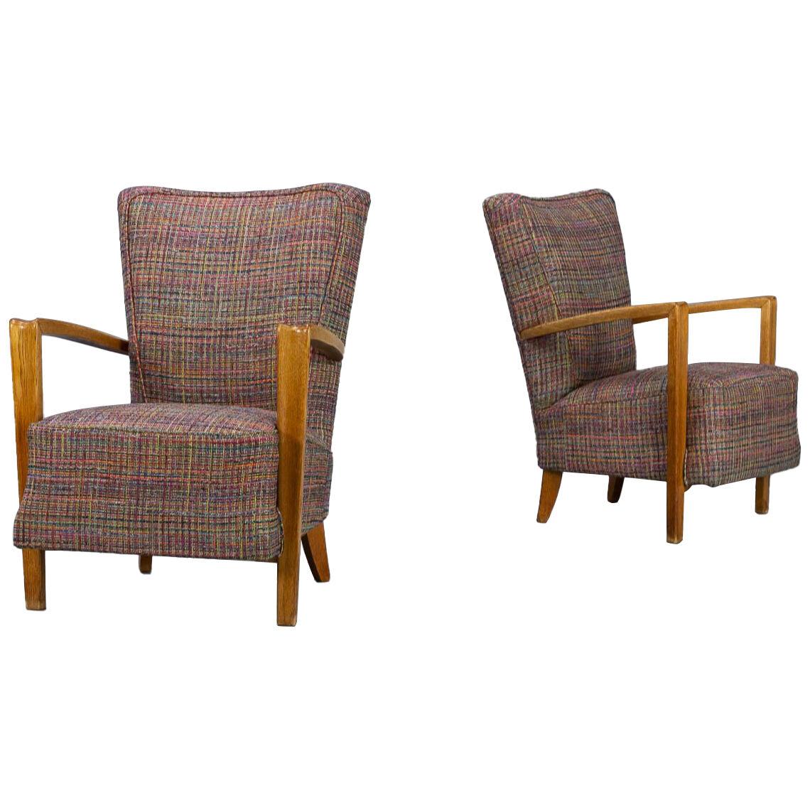 60s oak armchair new upholstered set/2