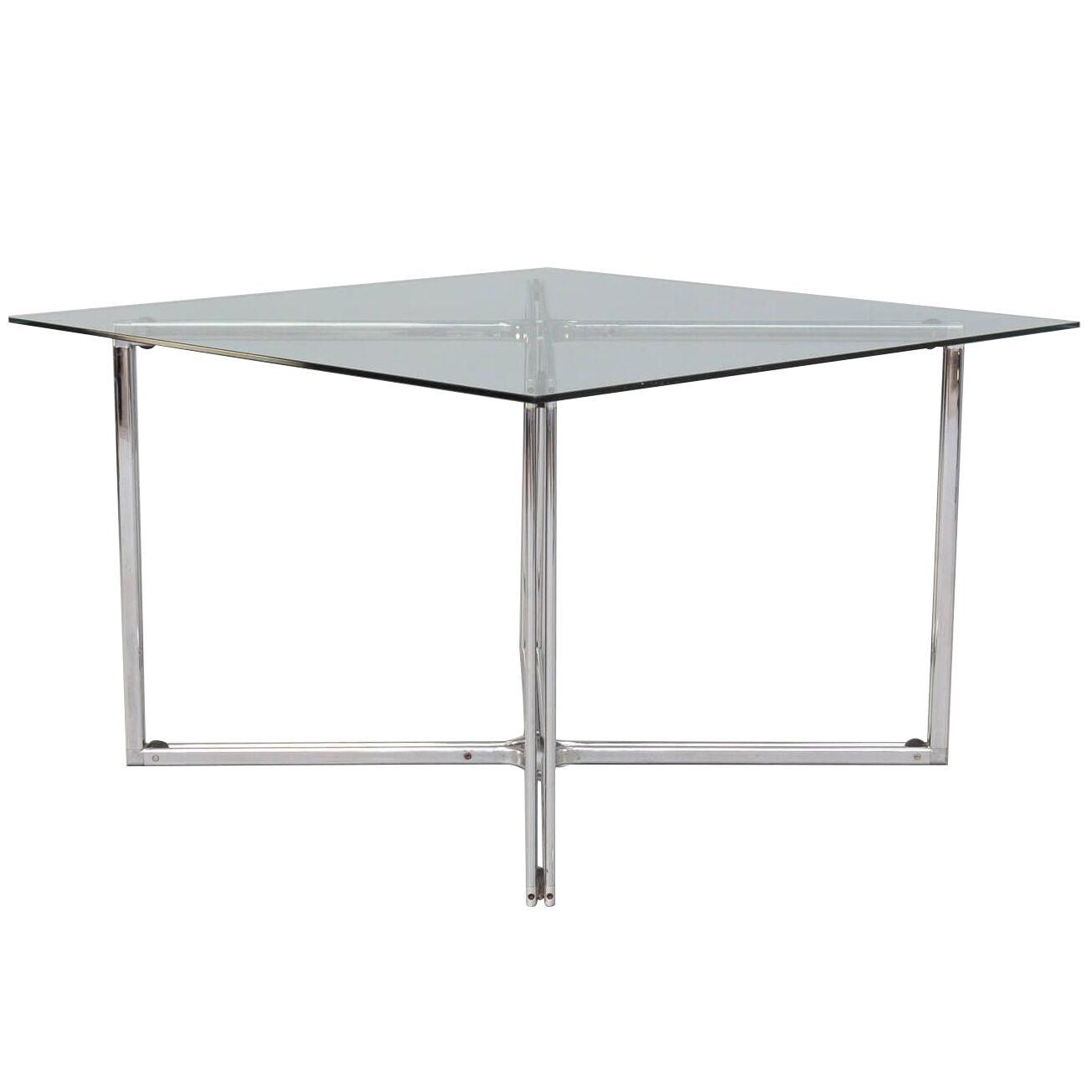 80s Chrome cross framed dining table glass table top attr Gastone Rinaldi