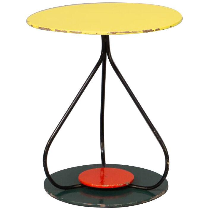 Vintage round metal and lacquered wooden French side table