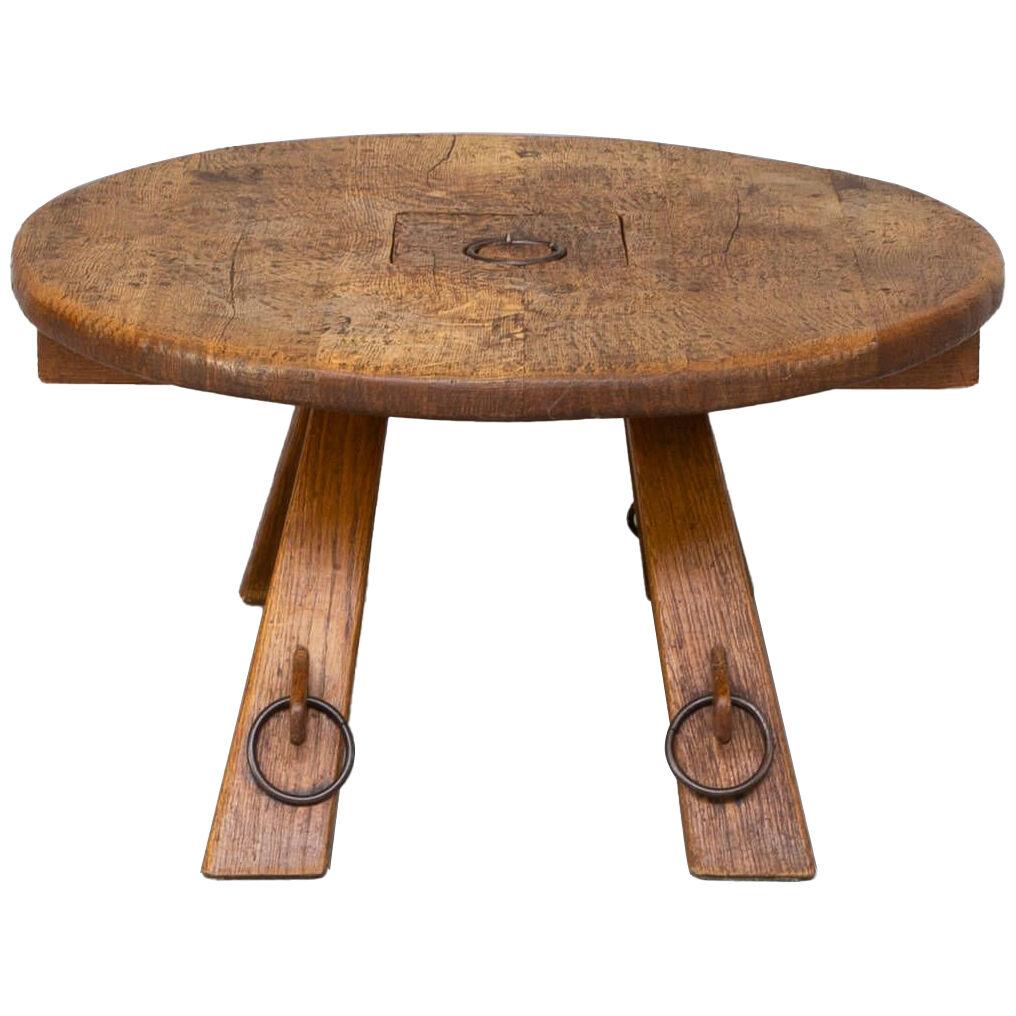 70s brutalist oak round coffee table