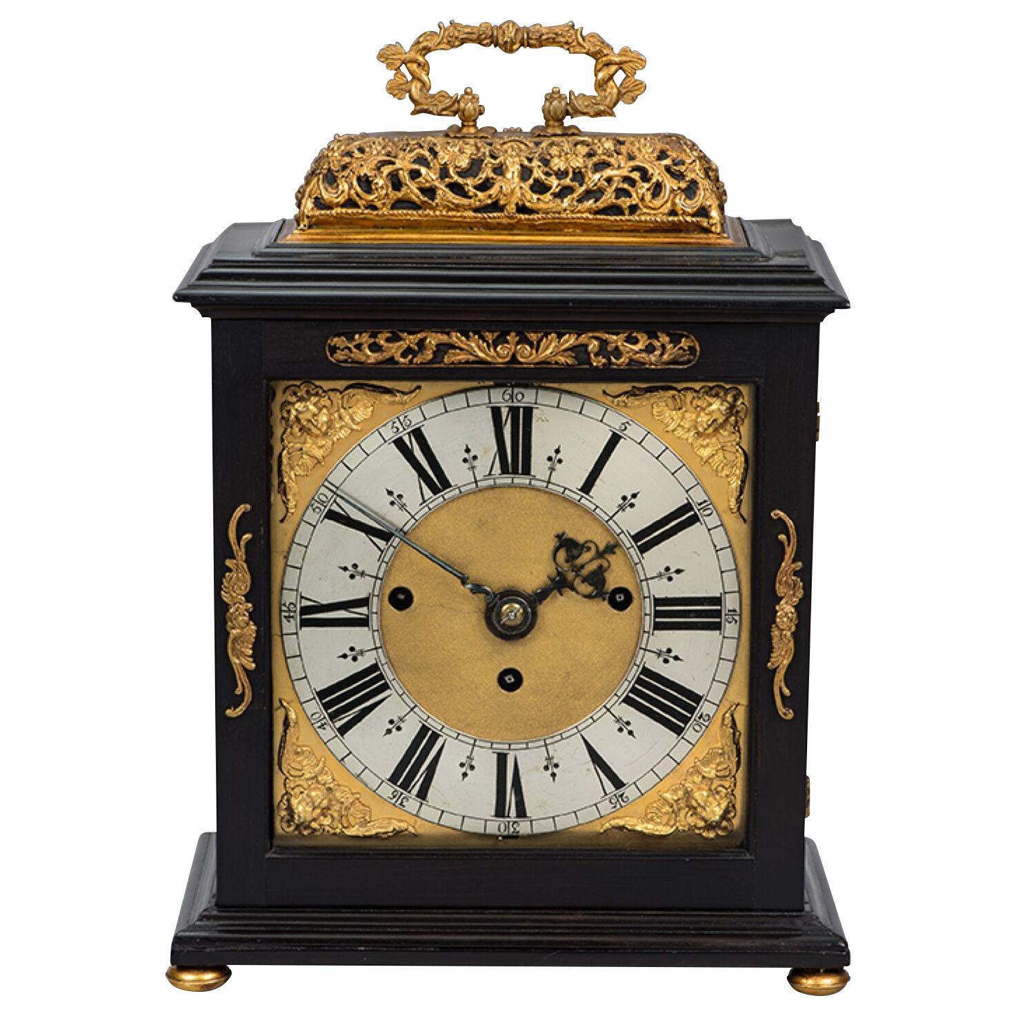 17TH CENTURY ANTIQUE EBONY AND GILT TABLE CLOCK BY EDWARD BURGIS OF LONDON