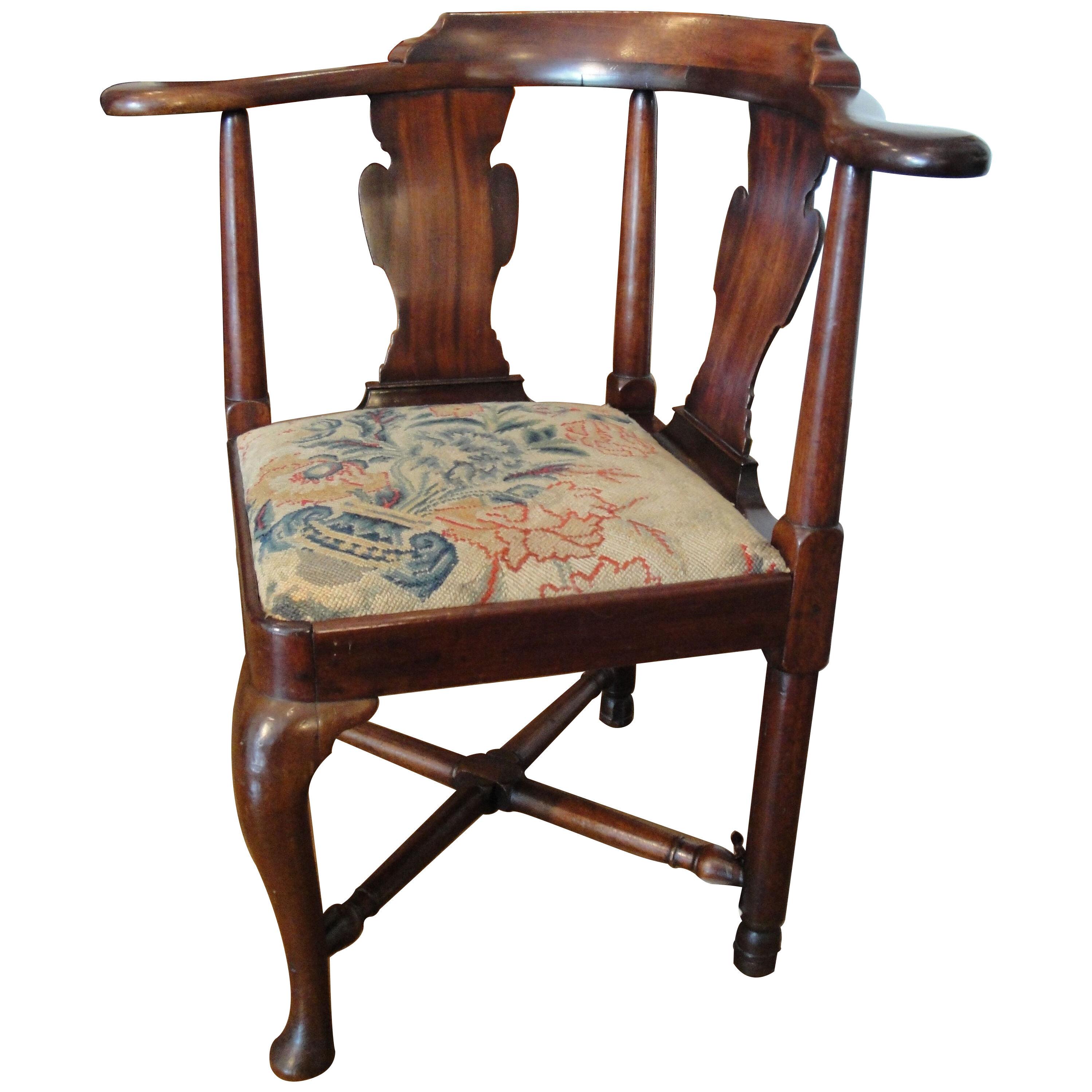 18th Century Mahogany Corner Chair With Tapestry Seat