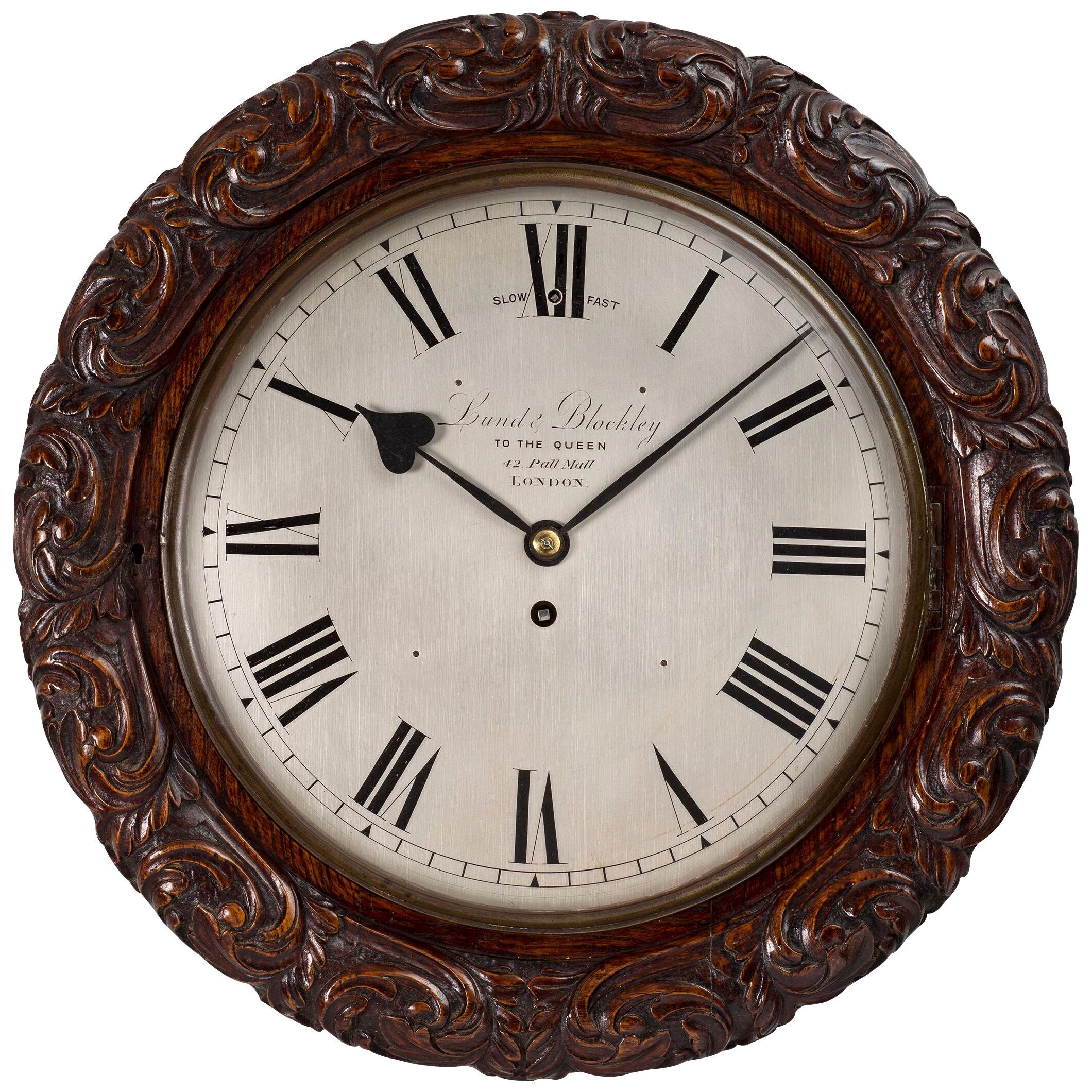 VICTORIAN ANTIQUE OAK CASED WALL CLOCK BY LUND & BLOCKLEY OF LONDON