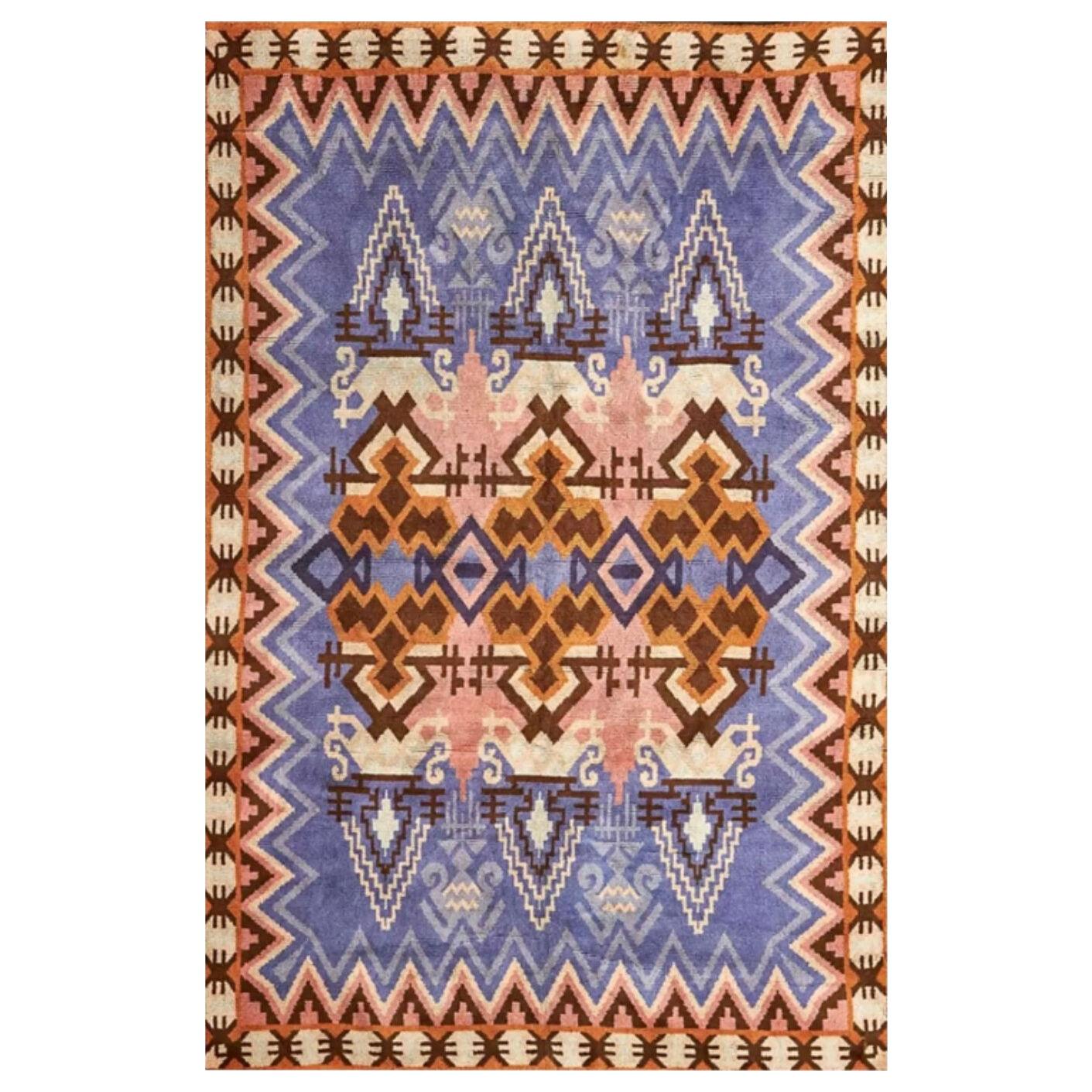 Impi Sotavalta Finnish Hand-Woven Lavender and Marigold Geometric Ray Rug, 1920s