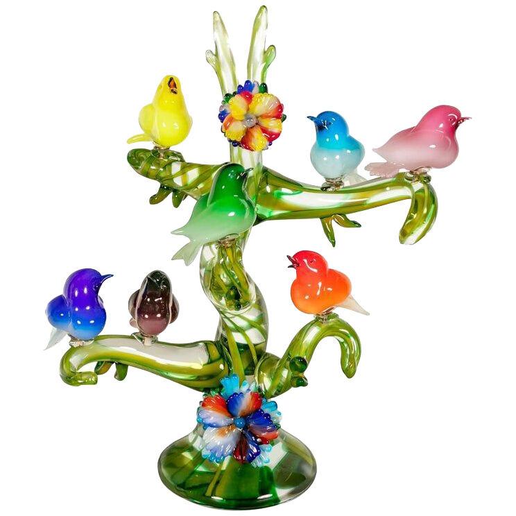 Colorful murano glass birds in a tree sculpture, Enrico Cammozzo, Italy, 1970s
