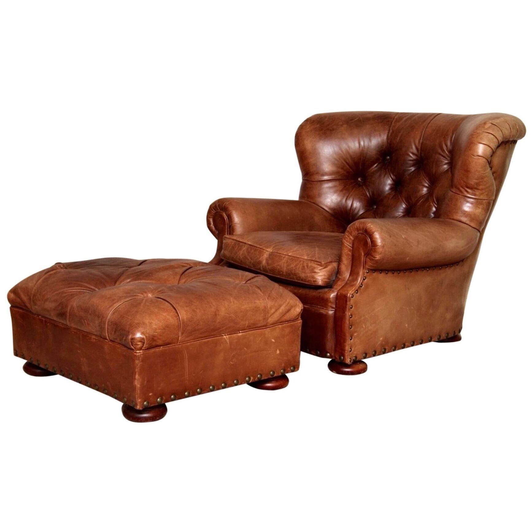 Henredon Brown Leather Writer's Lounge and Ottoman, Armchair, Iconic Club Chair