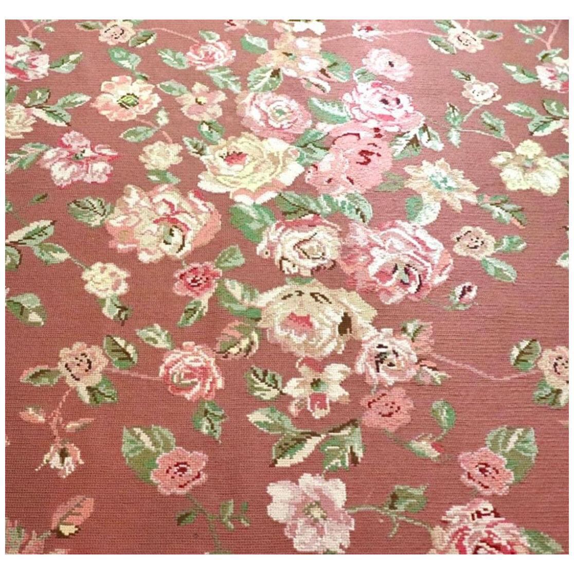 Vintage Fine Portuguese Needlepoint Rose Carpet Schumacher, PFM Rug, Handmade