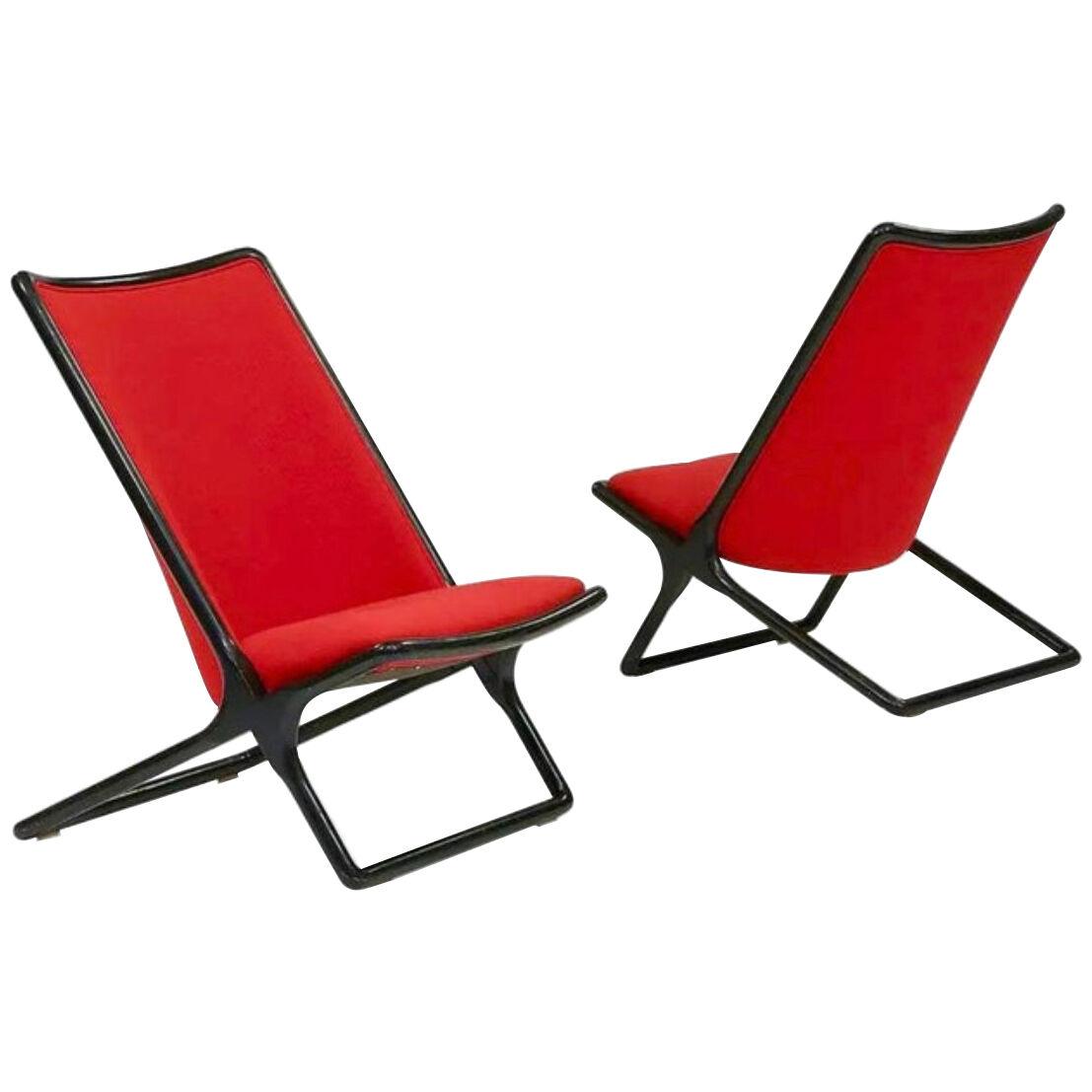 Ward Bennett for Brickel Black Ash Scissor Lounge Chair, Red Wool Bouclé, 1984