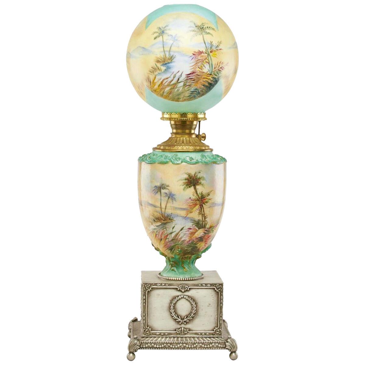Pairpoint Obverse Hand-Painted Orientalist Oil Lamp, c 1915