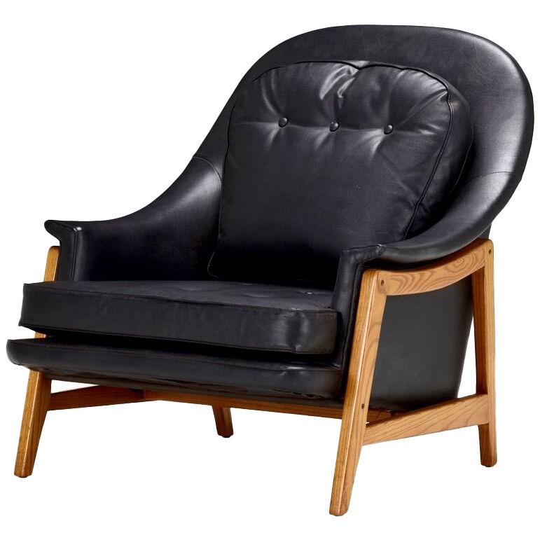 Edward Wormley Black Leather Janus Lounge Chair, Model 5701, Dunbar, 1957