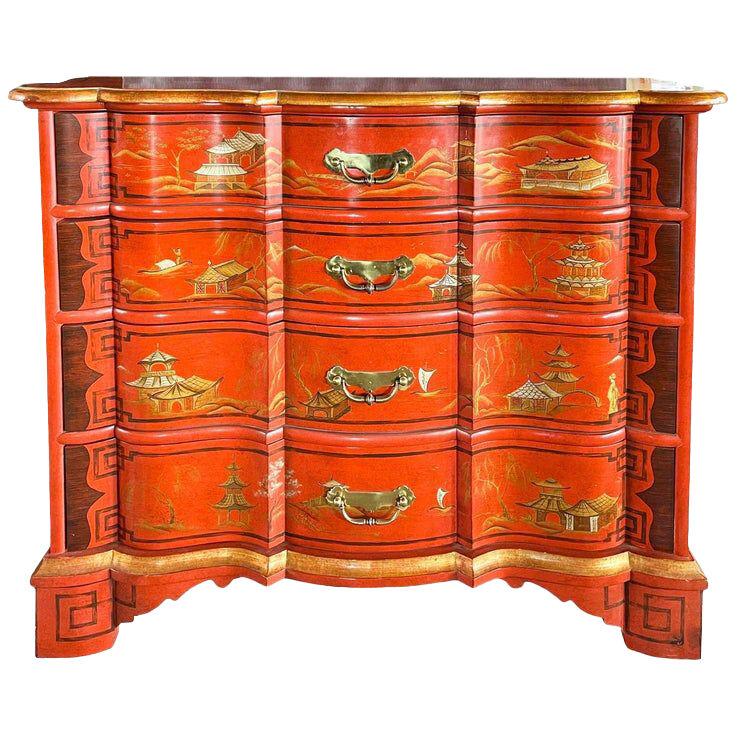 Baker Furniture Cinnabar Red Lacquer Hand-Painted Dutch Chest of Drawers, USA