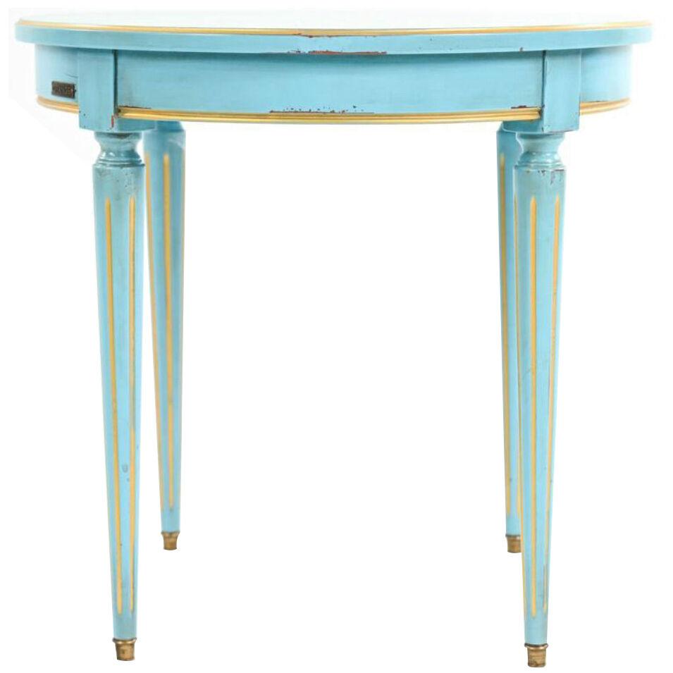 French Provincial Grange Petite French blue gold-leafed side table, Fluted Legs