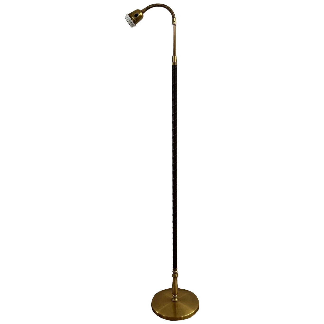 Danish Mid-Century Leather and Brass Adjustable Floor Lamp