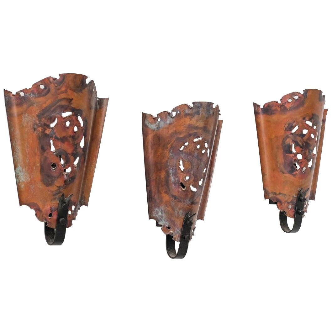 Trio of Mid-Century Dutch Brutalist Copper Wall Lights 
