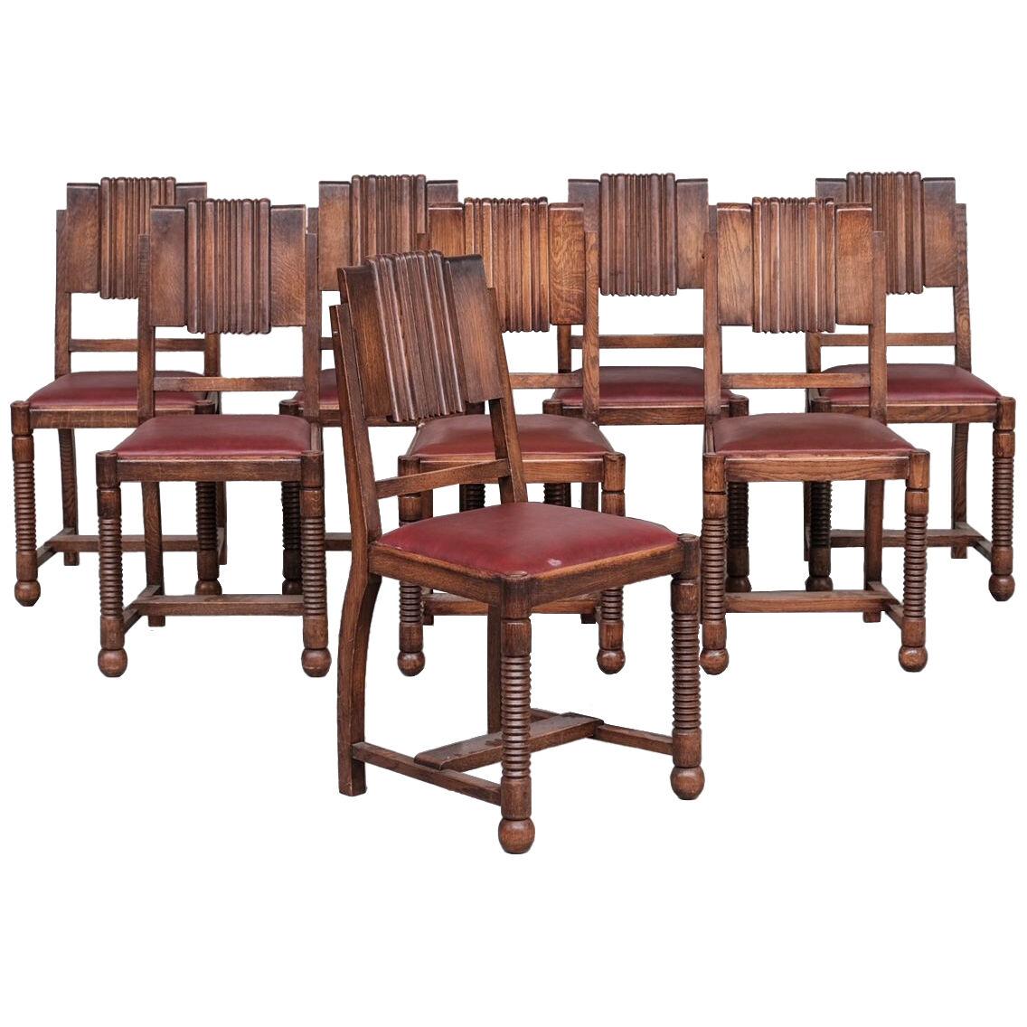 Eight Oak French Deco Dining Chairs in manner of Dudouyt