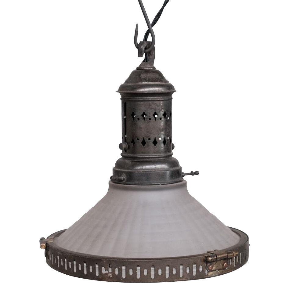 French Conical Glass and Brass Antique Pendant Light
