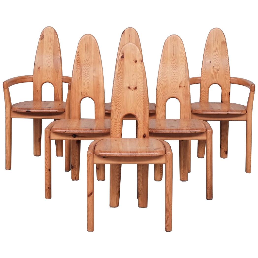 Set of Six Tall Danish Pine Mid-Century Dining Chairs